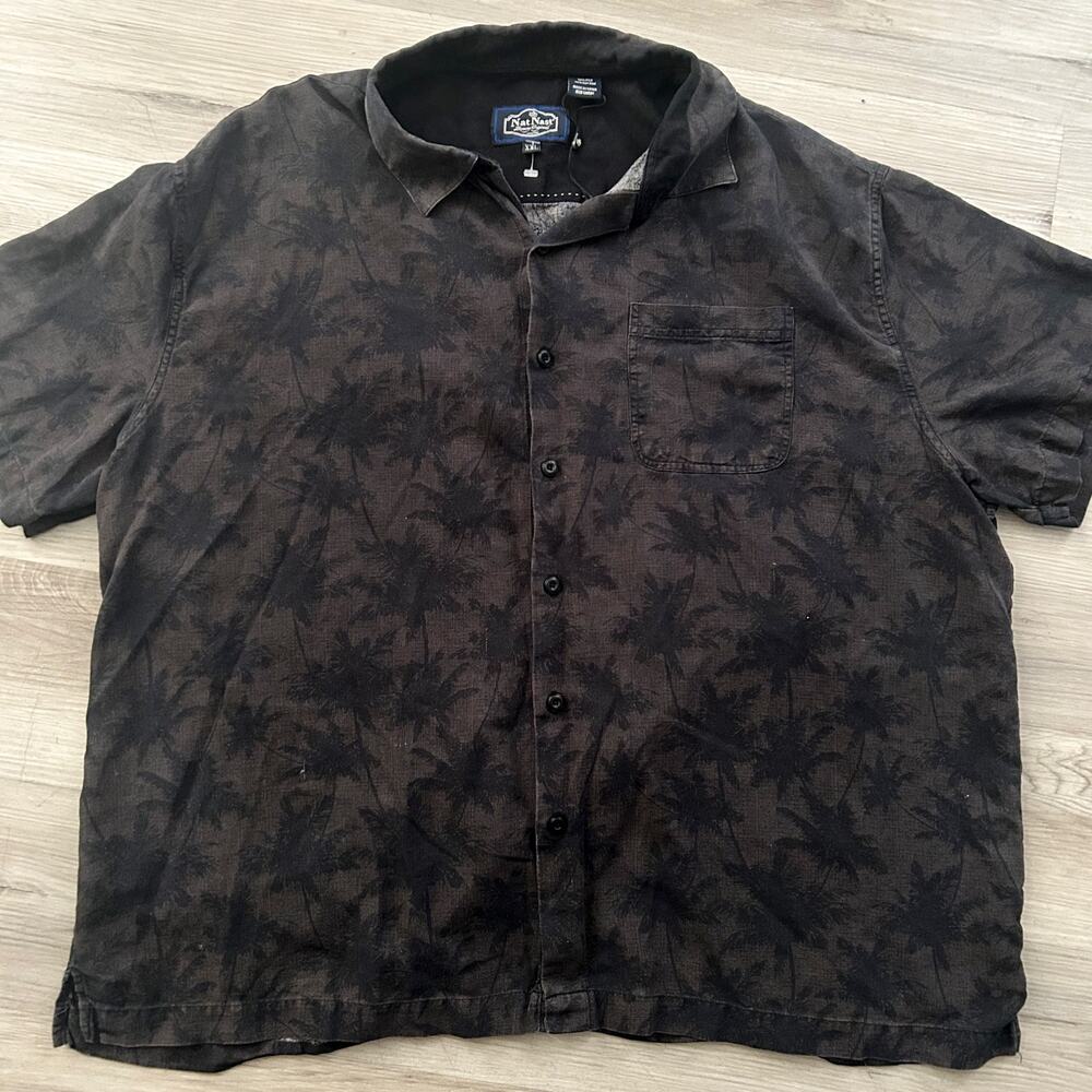 Nat Nast Shirt Mens XXL Gray/Black Palm Tree Silk Blend Button Down Short Sleeve